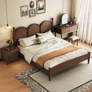 欧实木床现代约简1北.5M1.8M双人床中古风主卧床法式 复古WON床小