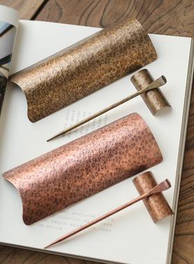 手勺工铜茶则六黄铜茶荷茶茶匙茶道君子赏锤纹紫铜86648功夫茶道