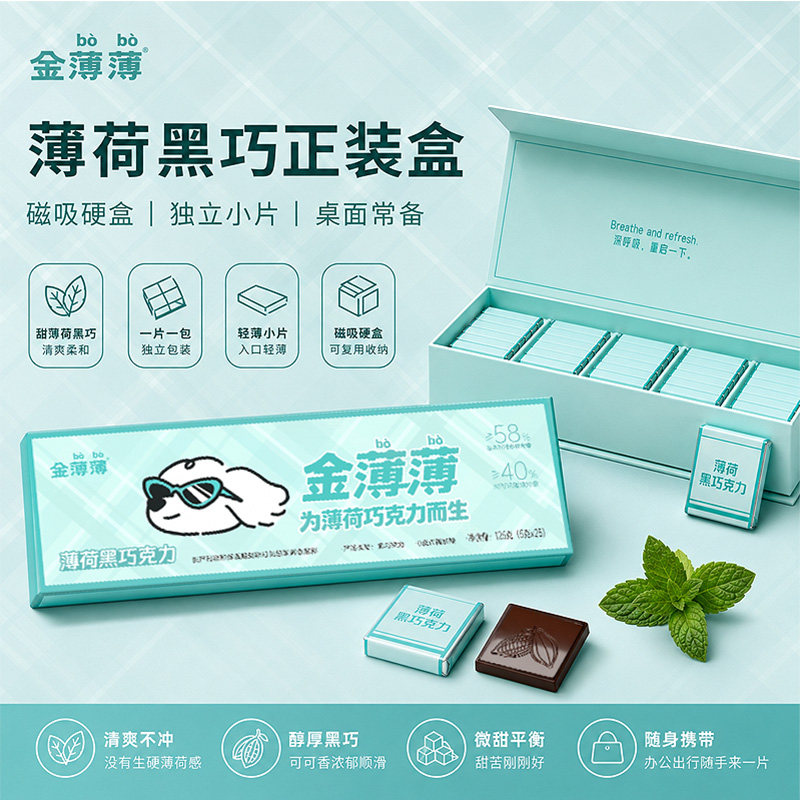 薄荷黑巧克力纯可可脂办公会议室零食清凉提神独立包装收纳盒