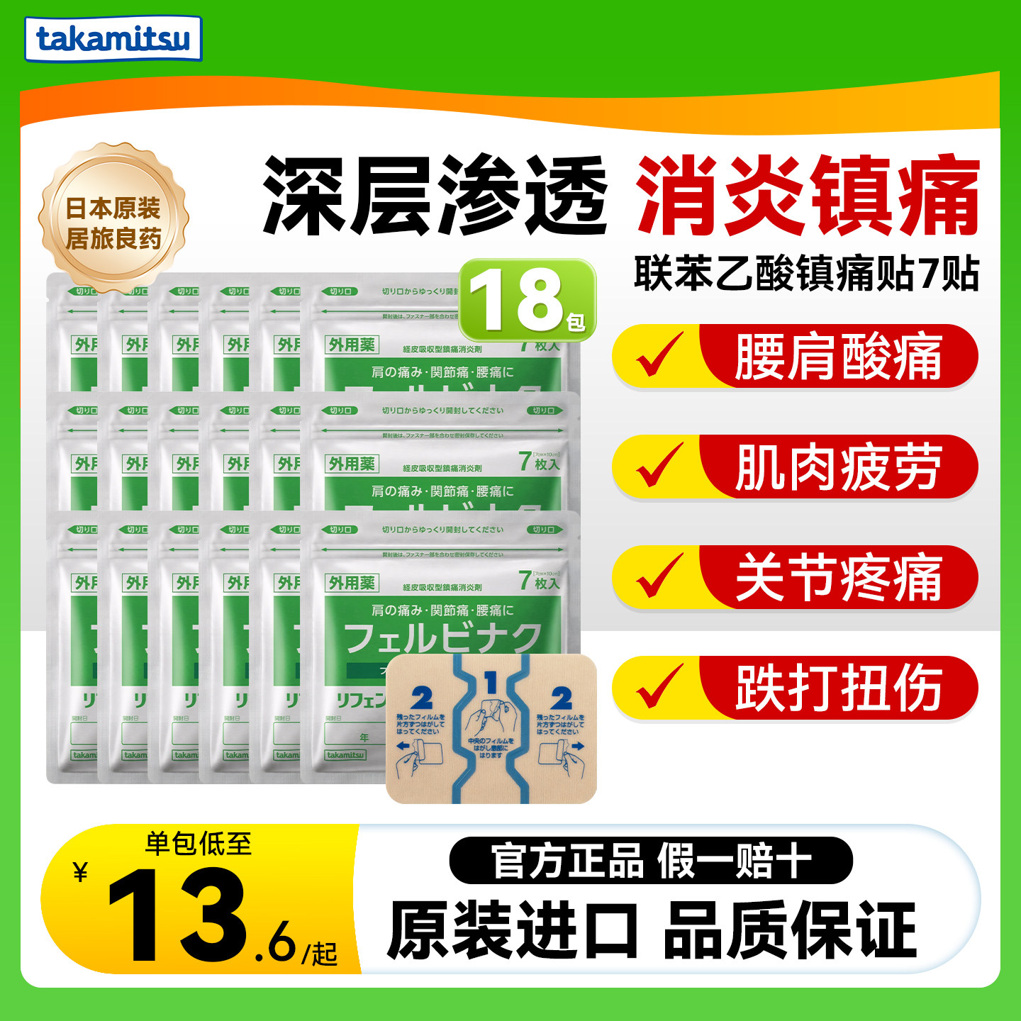 隆光膏药贴日本进口联苯乙酸止痛膏贴肌肉疼痛腰肩酸痛镇痛贴18包