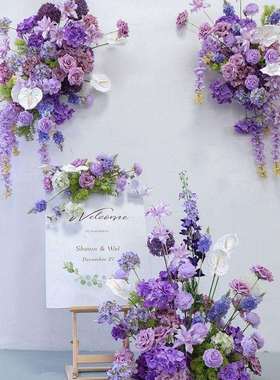 婚礼装饰KT挂花紫色板置花绢花墙面仿真地排壁挂花摄影背景布艺