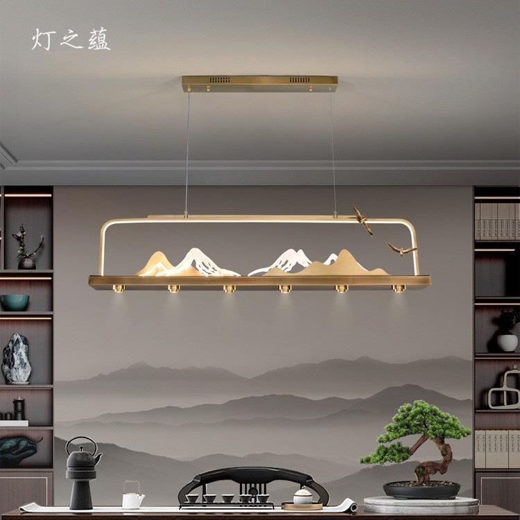新中式全铜餐厅吊灯2025新款创意艺术山水长条茶室灯餐桌吧台灯具
