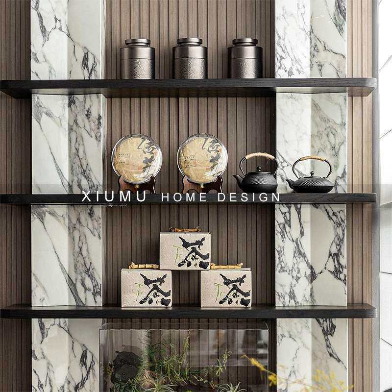 新中式样板间软装饰品茶室售楼处博古架玄关柜茶具陈设摆件垒德株