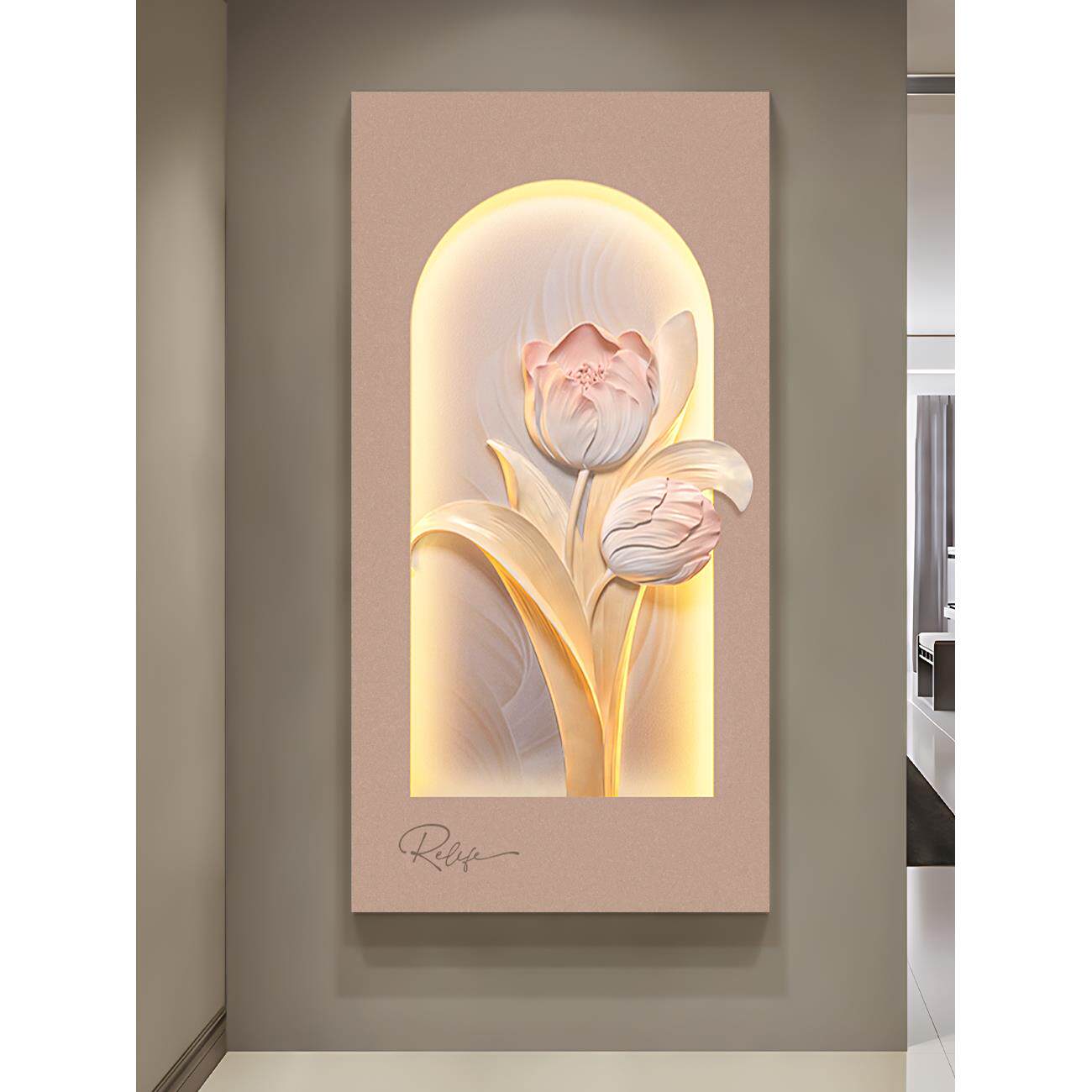 奶油风入户玄关装饰画温馨郁金香双联组合卧室挂画感客厅壁画