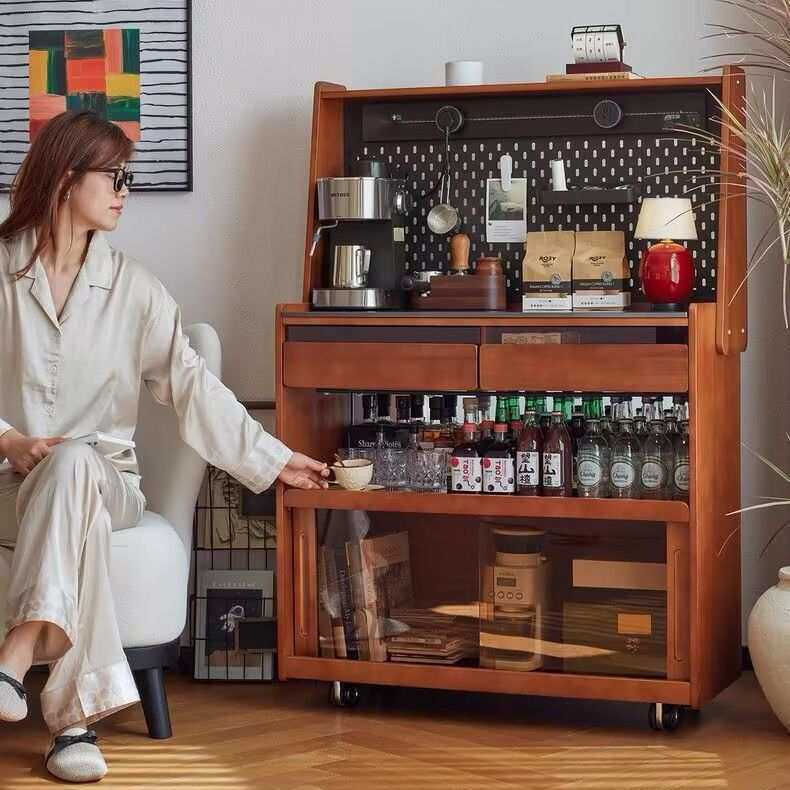 简约中古实木可移动餐边柜带轮沙发边柜一体储物柜酒柜咖啡茶水柜