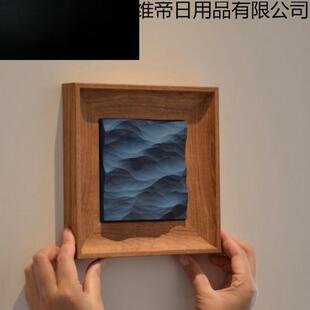 木雕海浪立体挂画木雕小摆件电视柜摆件正方形卧室桌面装饰画手工