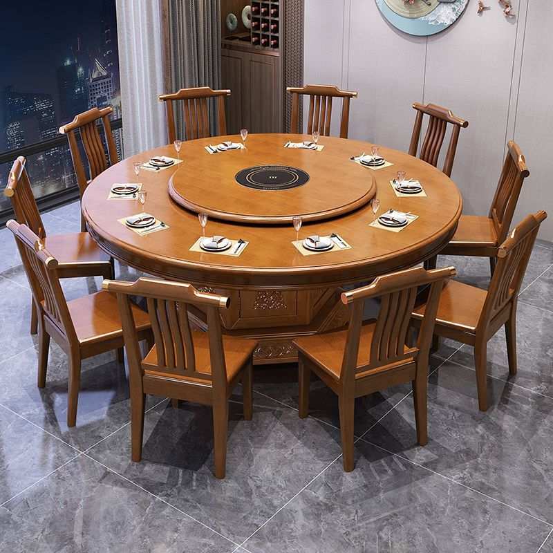 新中式餐桌家用实木餐桌椅组合带转盘饭桌饭店电磁炉火锅圆桌佛山