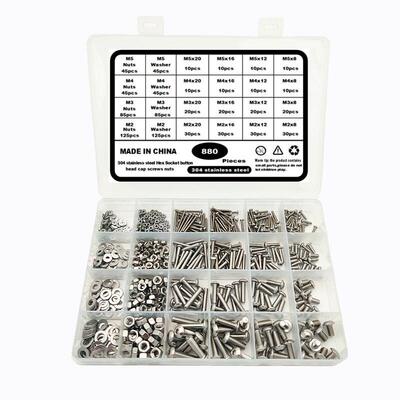 880PCS304不锈钢盘头内六角螺丝配螺母平垫组合套装可贴标签