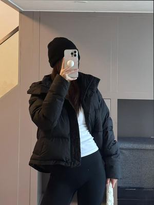 lulu羽绒服四格黑色鹅绒露露Wunder Puff保暖连帽羽绒外套女