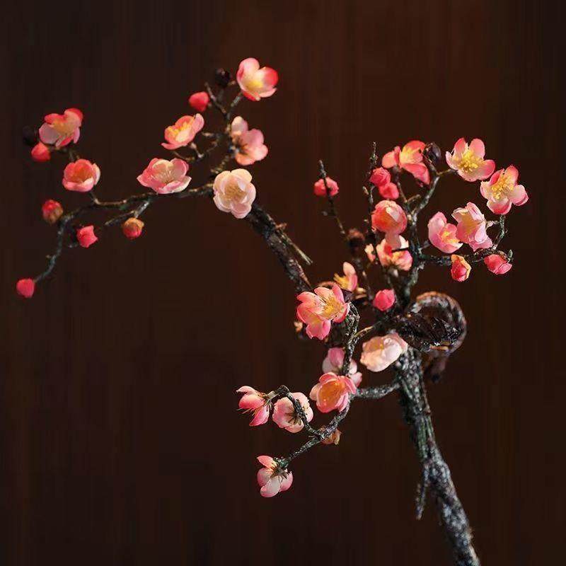 单支彷真梅花枝腊梅插花中式客厅落地装饰桃花婚庆假花绢花摆件