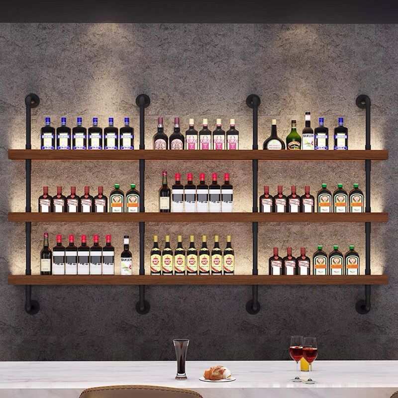 酒吧烧烤店吧台壁挂式靠墙铁艺多层实木置物架子墙上酒架餐厅KDZ