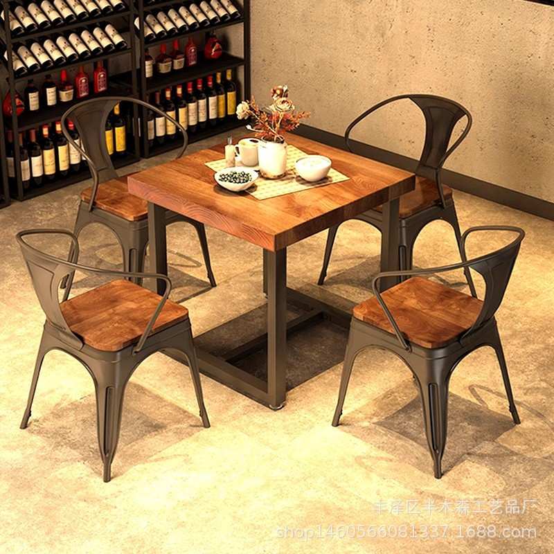 美式loft实木酒吧咖啡店复古双人桌子工业风做旧餐厅面馆餐桌