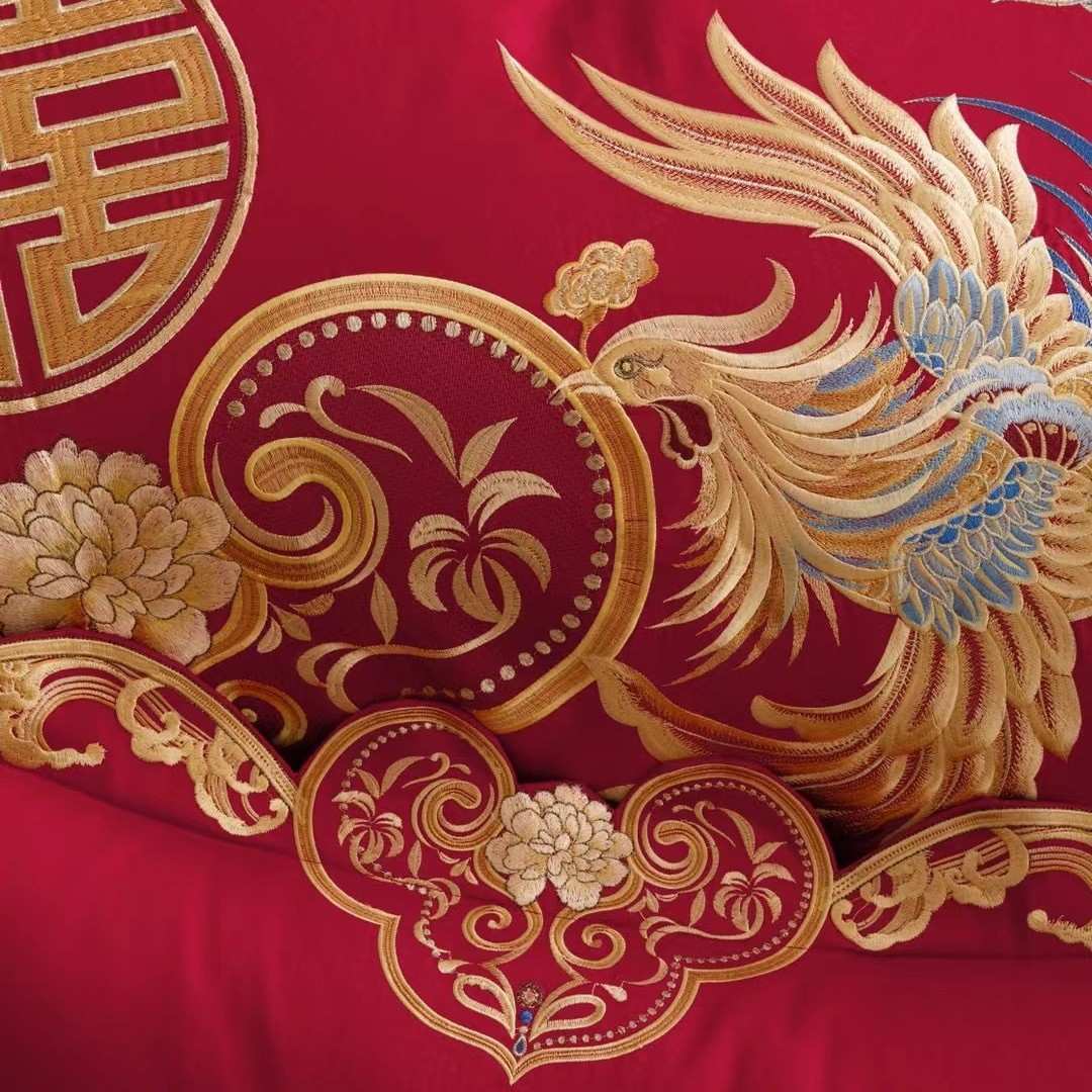 100S澳棉刺绣龙凤结婚四件套婚庆床上用品被套床单新中式红色纯