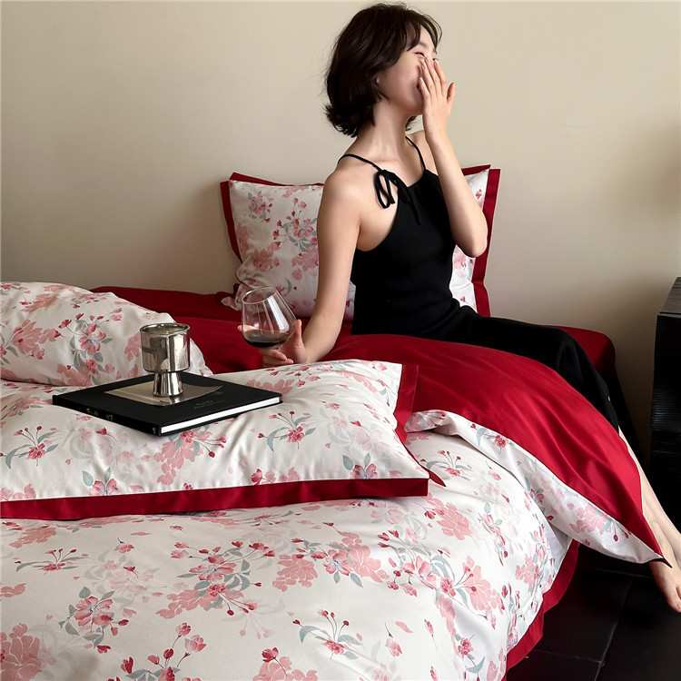浪漫亚婚庆澳棉全棉四件套唯美花卉数码印花纯棉结婚红色被套床品
