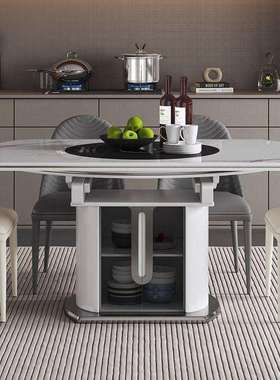 IL轻奢多功能可变圆形电磁炉暖菜内嵌式岩板转盘餐桌椅组合大小户