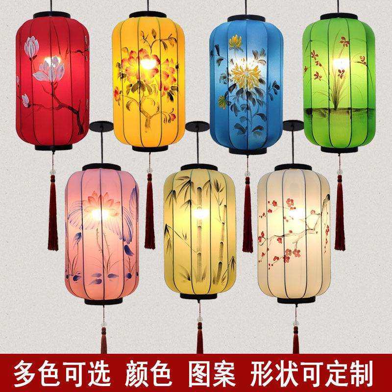 新中式彩色图案火锅店茶楼酒店古典灯具中国风仿古冬瓜红灯笼
