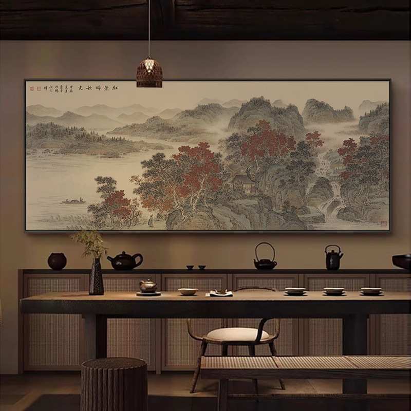 新中式酒店办公室公司接待室大尺寸山水装饰画客厅茶室墙仿古挂画