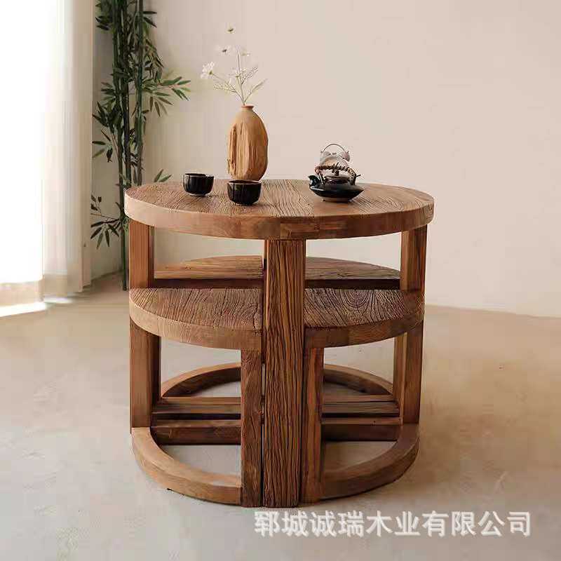 实木圆桌餐椅组合扇形堆叠凳小户型可收纳餐桌老榆木圆形洽谈桌子