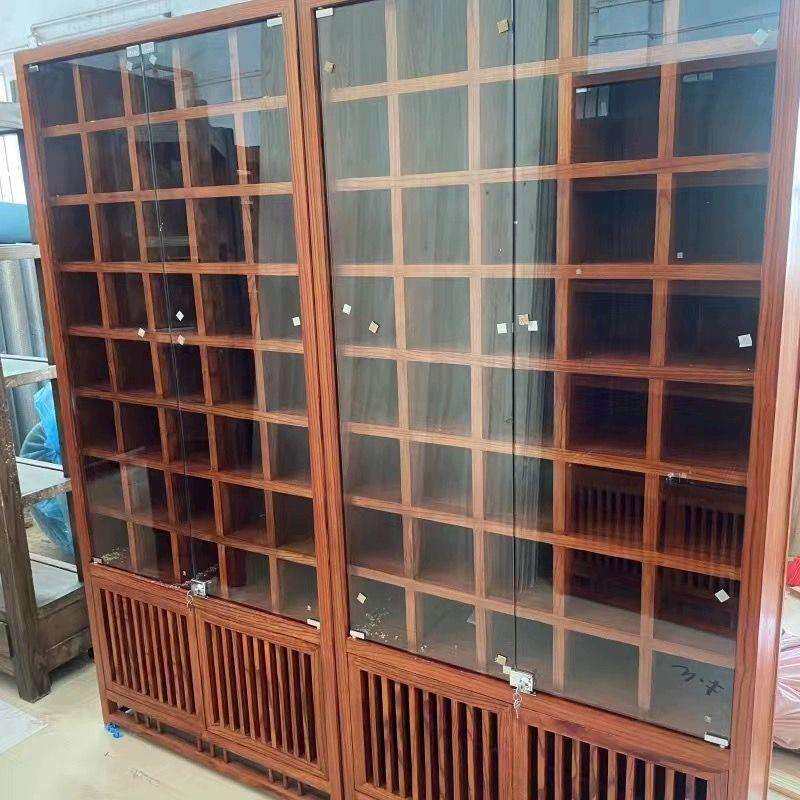 新中式玻璃门带锁榆木博古架榆木置物架建盏紫砂壶茶杯茶壶展示架