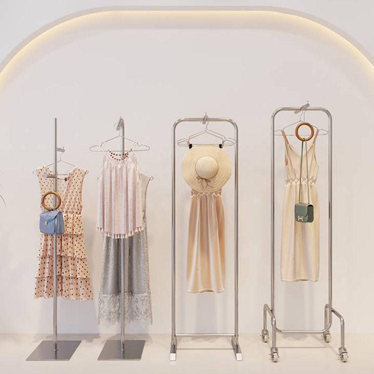 服装店轻奢不锈钢正挂展示架落地式中岛陈列架女装店带轮子货架