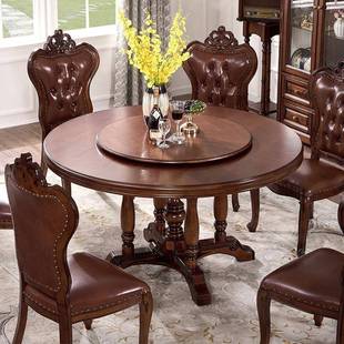 美式乡村全实木餐桌复古桃花心木圆形桌子六人四人小户型家用餐桌