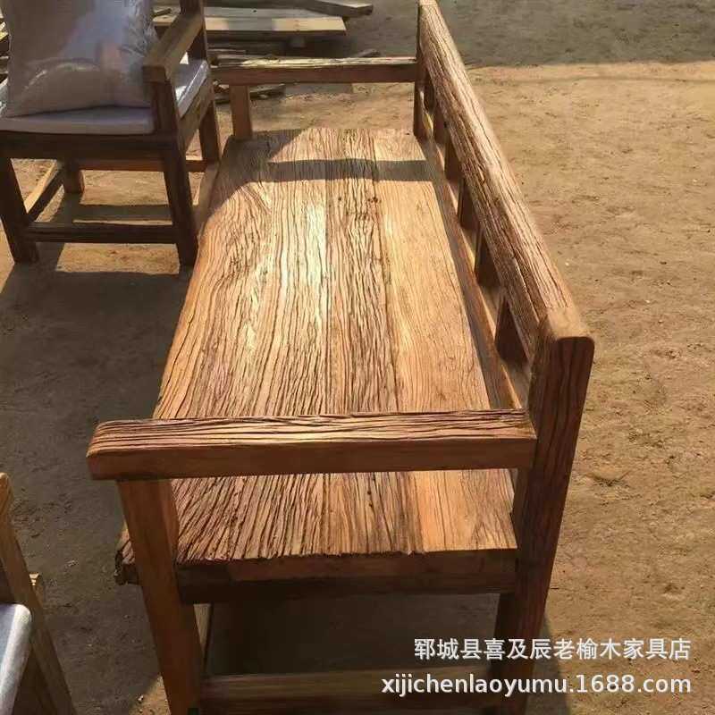 老榆木长条沙发实木长方形靠背椅全套民宿复古旧沙发床家用椅子