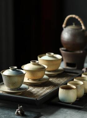 蓝色柴色极光三才盖碗景德镇手工窑变茶具套组160ml一碗四杯套装