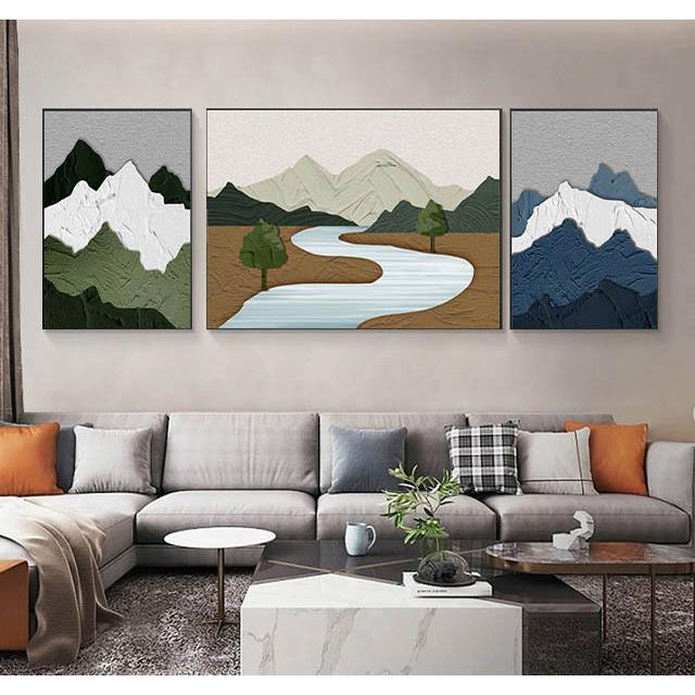 纯手绘油画抽象风山水景背有靠山壁画装饰画客厅沙发挂画三联