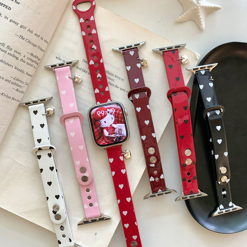 适用苹果手表表带双钉爱心皮质腕带applewatch手表带iwatch表带S11苹果s10表带手表带S9新款韩系高级感se表带