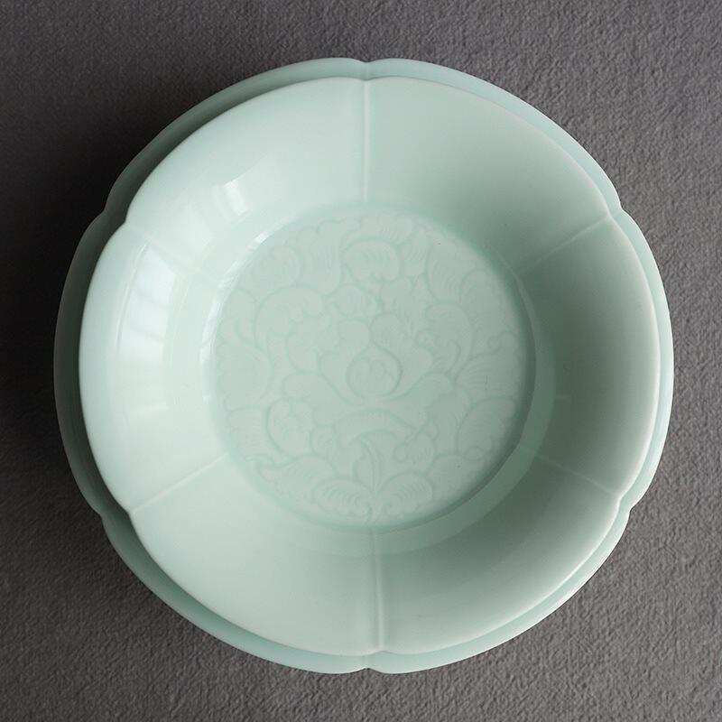 批发宋宴餐具葵口折沿盘饭碗陶瓷雕刻深盘菜碟茶具壶承水果点