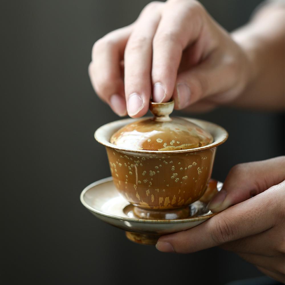 窑火锤炼极光窑变金斑茶碗全手工三才盖碗高帽泡茶碗主人杯品杯