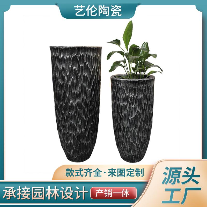 纯色新款上市玻璃钢落地大花瓶波纹复古花盆商场酒店客厅插花花器