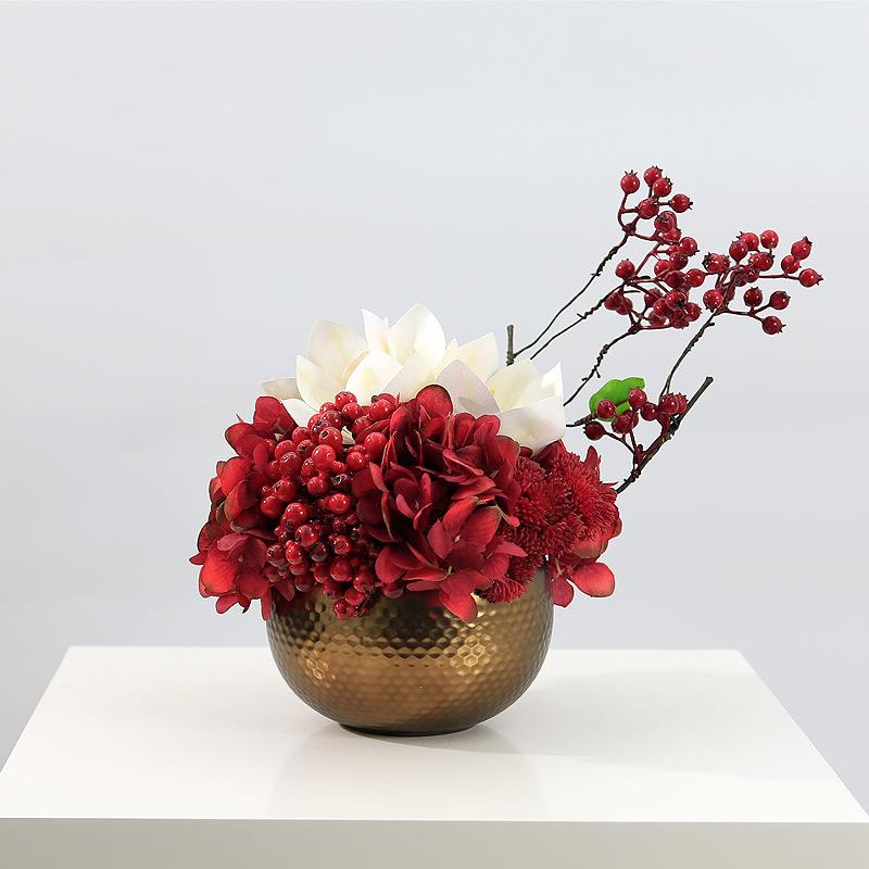 新中式红色仿真花艺金色陶瓷软装喜庆婚庆样板房售楼处洽谈桌摆件