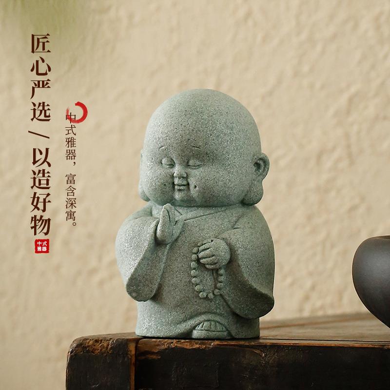 青砂石精品小和尚鱼缸造景沉水装饰品中式家居书房禅意小沙弥摆件