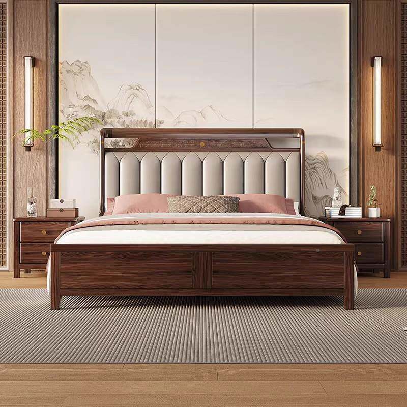 乌新中式金实床家用1.8m双人床全实木大木床木软包床卧室储物9938