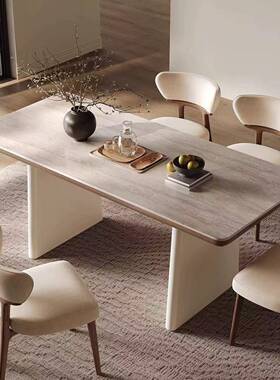 法式岩板餐桌家岩用现代CDU简约高级小感轻油白色奶风户型洞石板