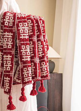 奕楚iYc01ns风闺百喜毯新年午睡礼新婚结毛婚喜字订婚毯物新娘新