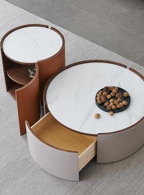 直销意式轻奢小户型岩板茶几大小圆茶几组合现代简约马鞍皮桌