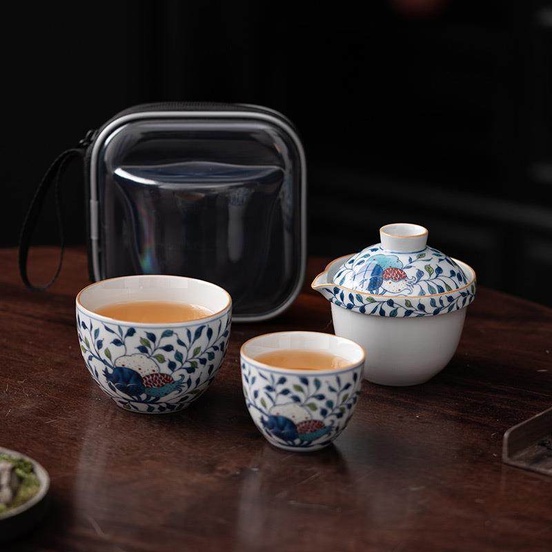 青花福寿双宝旅行茶具套装便携式户外泡茶盖碗陶瓷快客杯一壶二杯