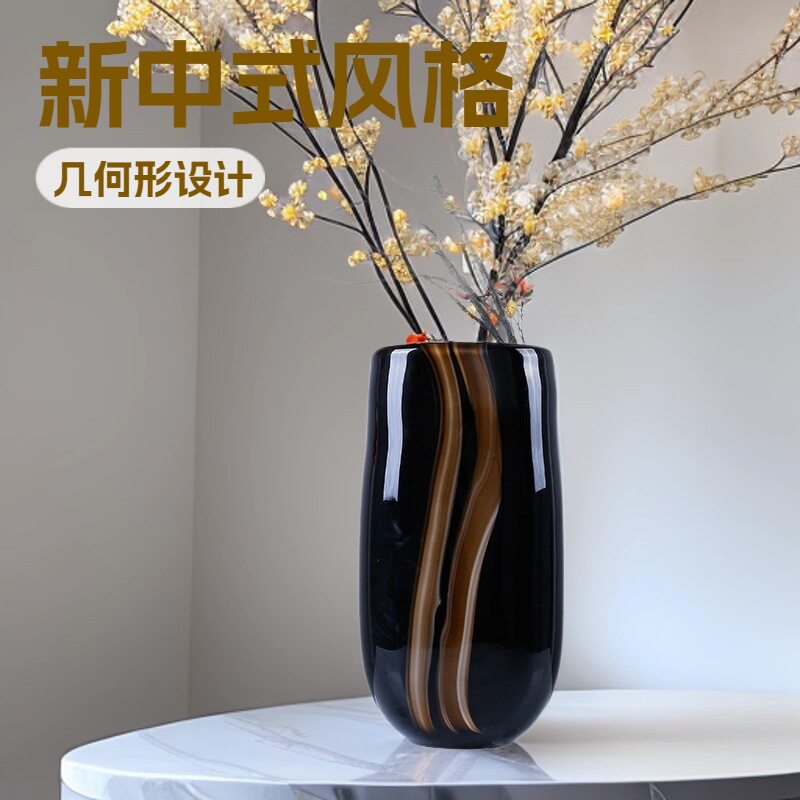 现代北欧创意咖色扁口玻璃花瓶样板间售楼处水培插花花艺套装轻奢