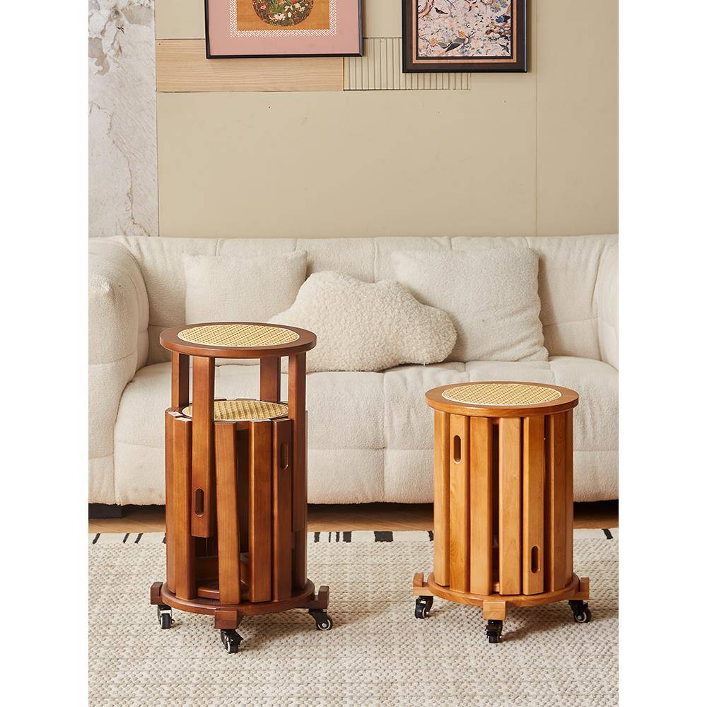 中古实木凳子家用客厅藤编矮凳餐桌椅圆凳升级四合一带滑轮叠叠凳