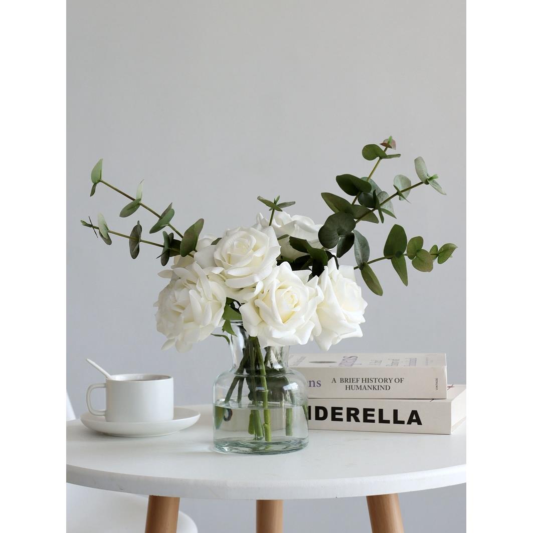 仿真花高级感逼真湿感玫瑰花艺摆件白色假花茶几餐桌面电视柜摆设
