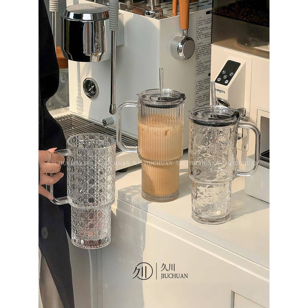 大容量玻璃杯巨无霸带把手吸管杯女生高颜值带盖办公室咖啡水杯子