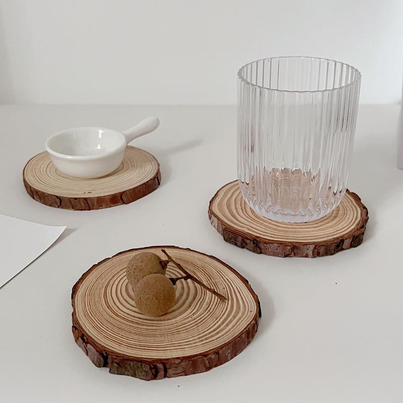 ins韩风覆古原木年轮松木圆形木片杯垫 木质隔热垫装饰垫摆拍道具