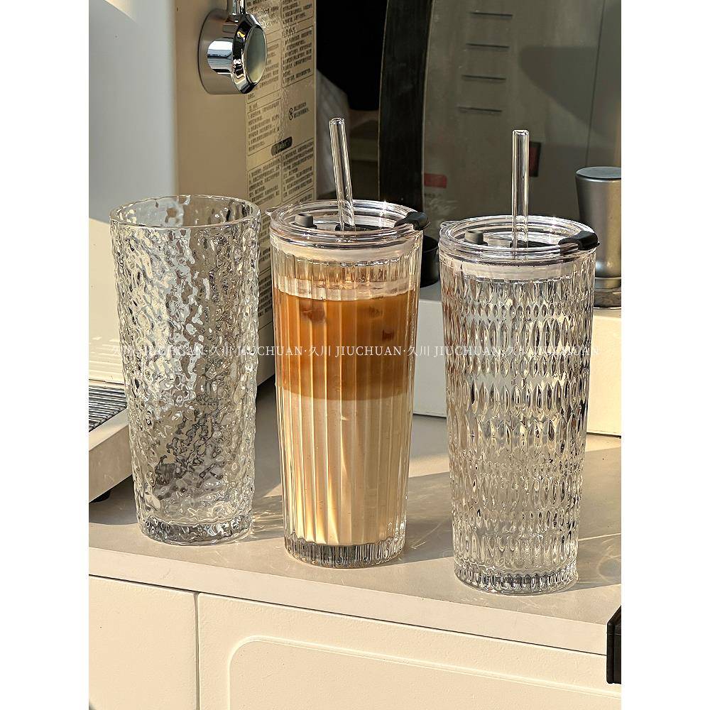 高颜值透明咖啡冰美式拿铁玻璃杯大容量带盖吸管杯子办公室水杯子