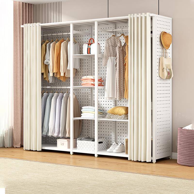 洞洞板衣柜简易钢架组合开放式衣帽架家用卧室防尘帘全封闭大衣橱