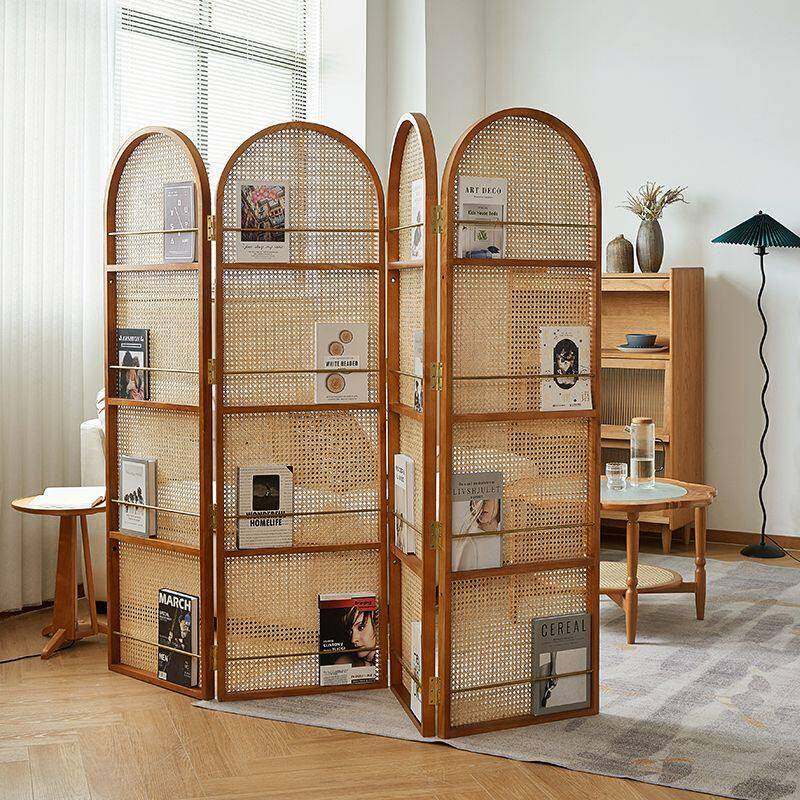 中古藤编屏风隔断客厅家用可移动实木置物架复古日式折叠遮挡书架