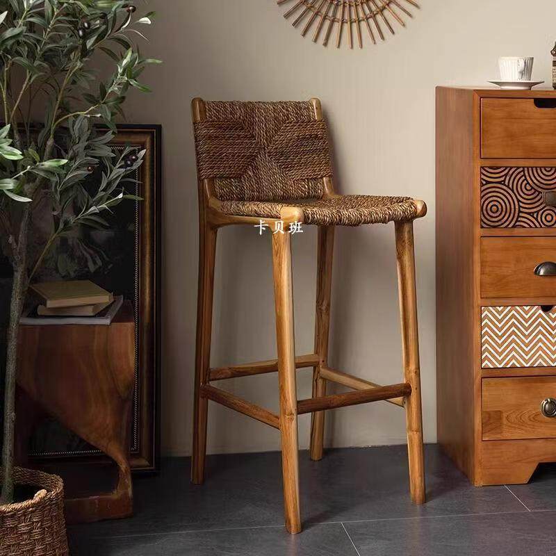 北欧实木高脚椅侘寂风家用绳编岛台吧凳椅子藤编休闲民宿卡座座椅