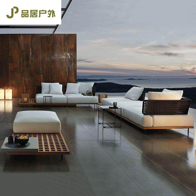 高档别墅庭院家具休闲民宿户外室外露台花园藤编柚木沙发茶几组合