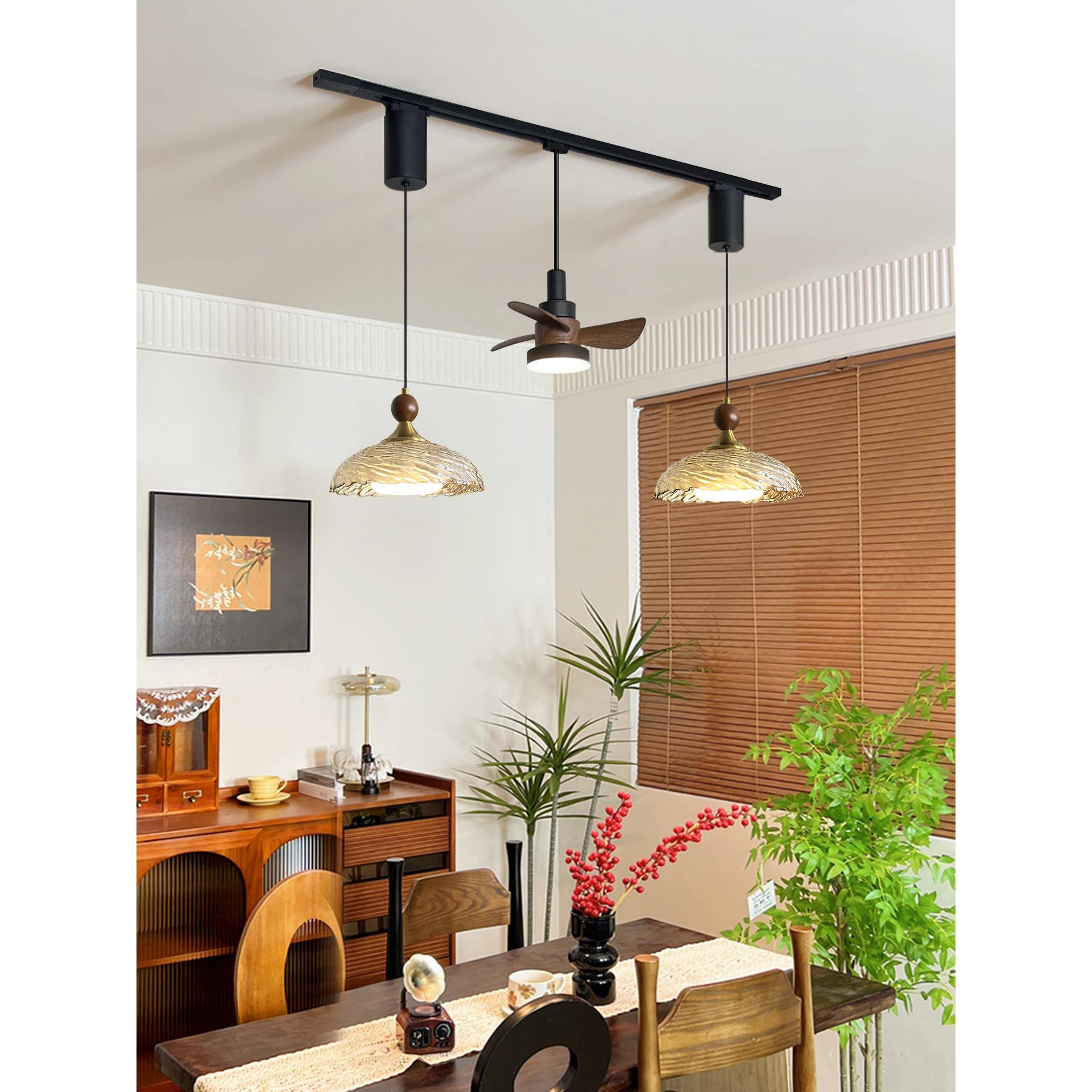 法式中古风轨道餐厅风扇灯可移位可升降悬停餐桌吧台复古玻璃吊灯